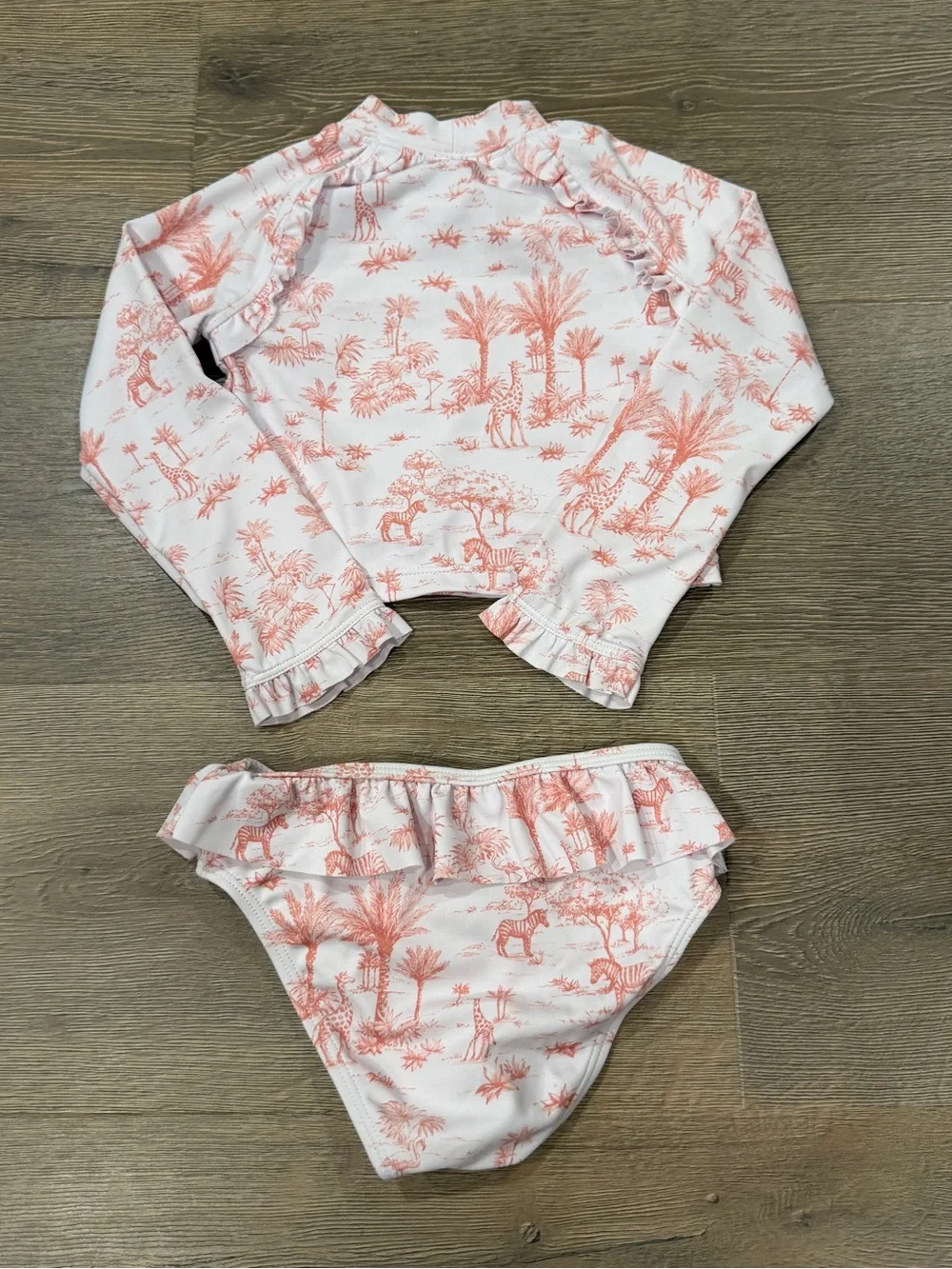 Janie & Jack Rashguard Shirt & Bottoms Ruffle Swimsuit Safari Animals Pink White